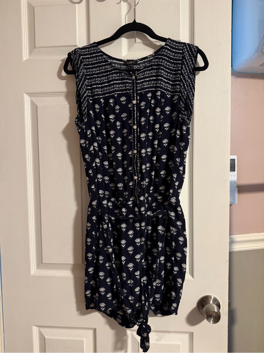 LOFT Navy and White Printed Tie-Front Mini Romper